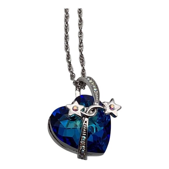 Blue Swarovski Crystal Heart Necklace W/ Silver Stars Pendant Adjustable Chain - Picture 3 of 10